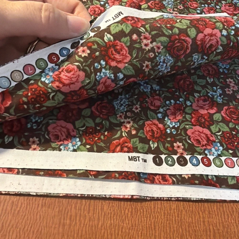 Vtg Red Pink Roses On Brown With Blue Flowers 1.5 Yards By MBT